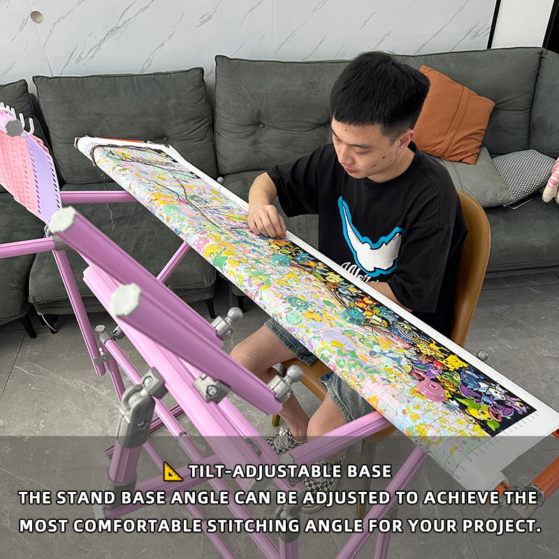 4th Gen Adjustable Cross Stitch Stand – Sturdy Aluminum Base with Height, Width & Tilt Adjustment | Phone & Thread Holder Included | Suitable for small, medium, and large scroll frames (scroll frame not included)