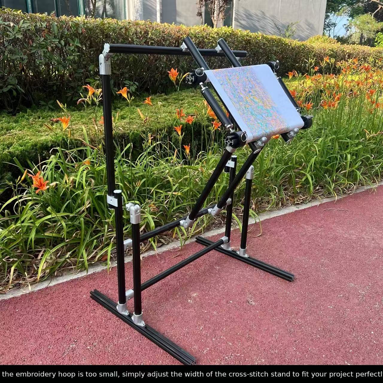 4th Gen Adjustable Cross Stitch Stand – Sturdy Aluminum Base with Height, Width & Tilt Adjustment | Phone & Thread Holder Included | Suitable for small, medium, and large scroll frames (scroll frame not included)