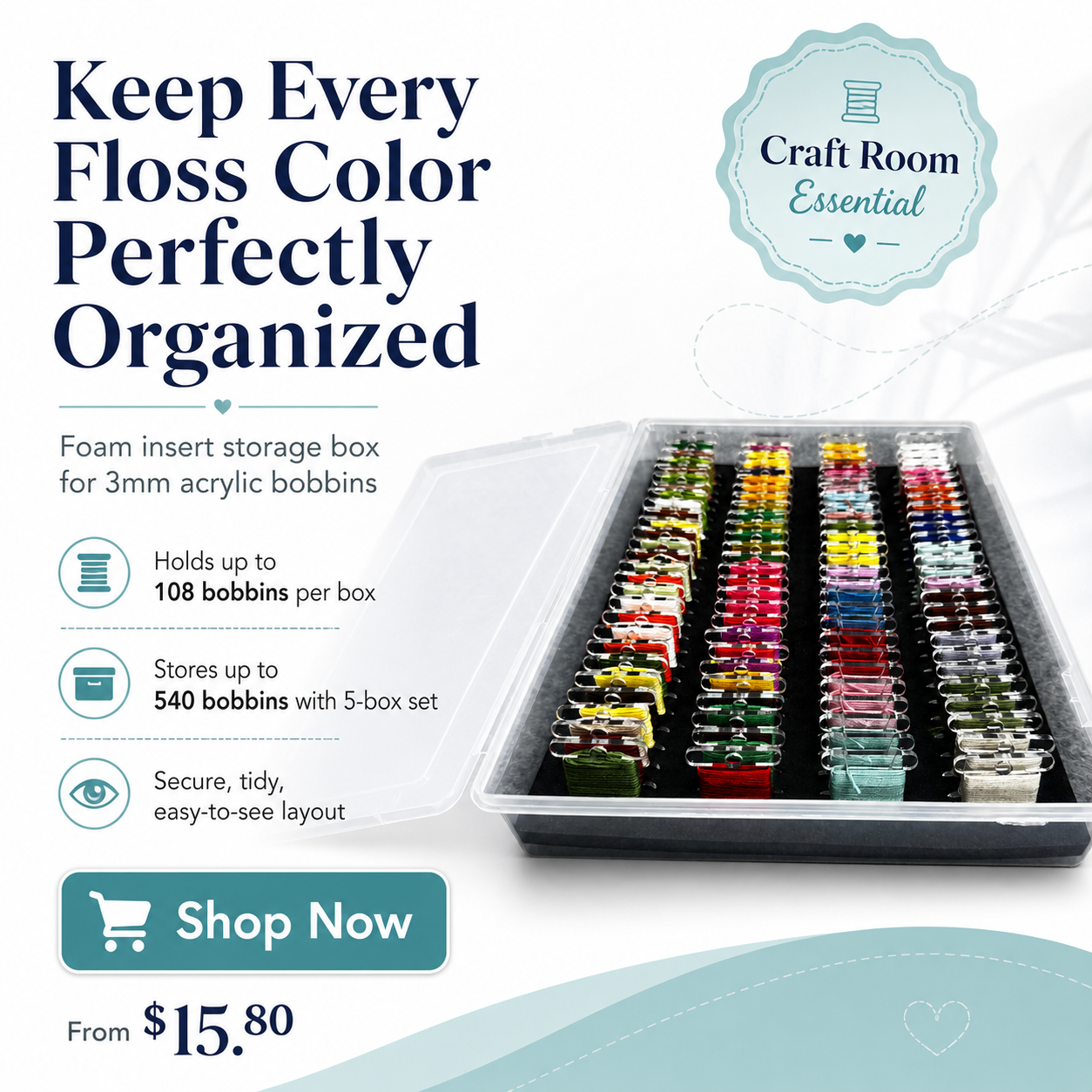 Embroidery Floss Storage Box - Fits 3mm Acrylic Bobbins (108/540)  | Foam Insert Craft Storage for Embroidery Crafters