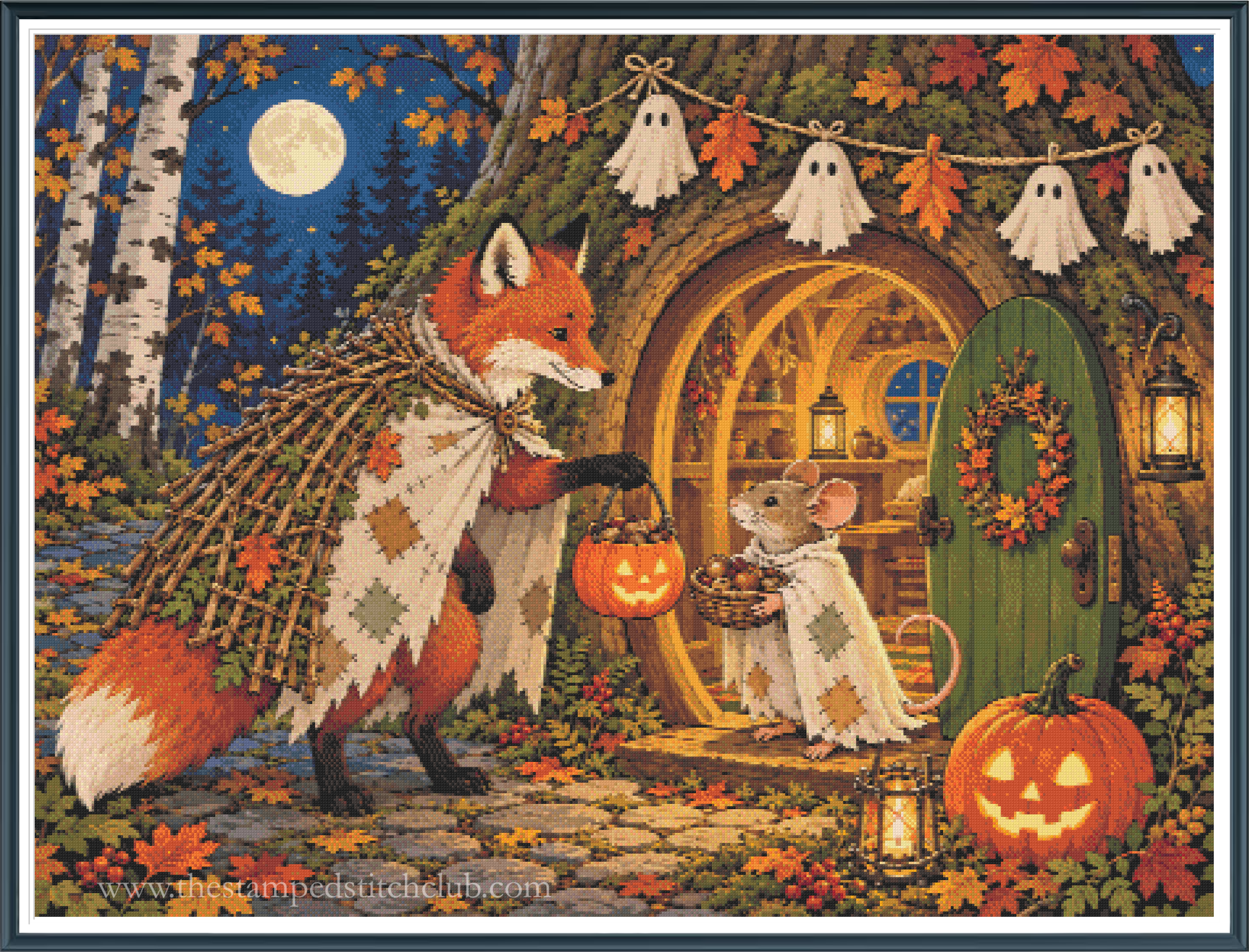 Framed cross stitch mock-up of A Moonlit Trick or Treat, a Sunflower Original, available from The Stamped Stitch Club. A friendly fox dressed in an autumn leaf cloak delivers a glowing pumpkin to a little mouse in a ghost costume outside a cosy woodland treehouse. Jack-o'-lanterns, hanging ghost decorations and colourful autumn leaves complete the magical Halloween scene beneath a full moon.