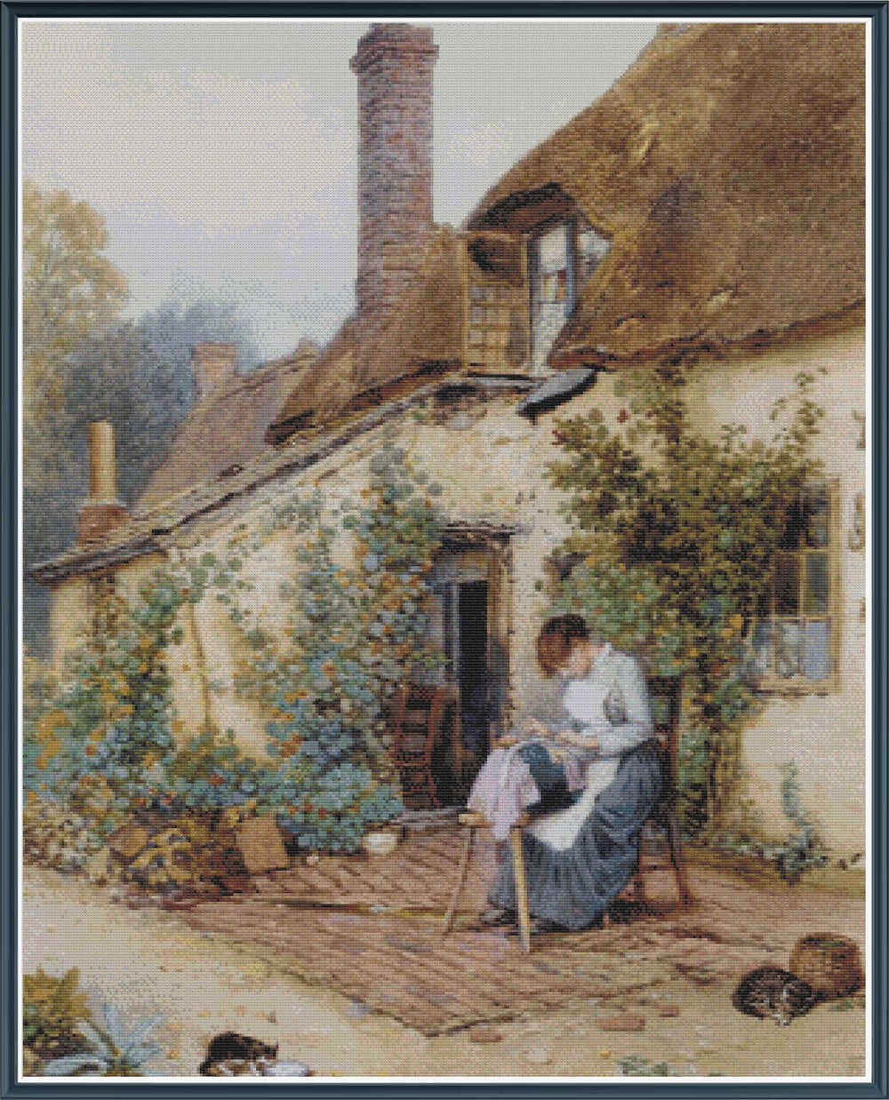Woman sitting in a chair outside a thatched cottage with garden and trees in the background