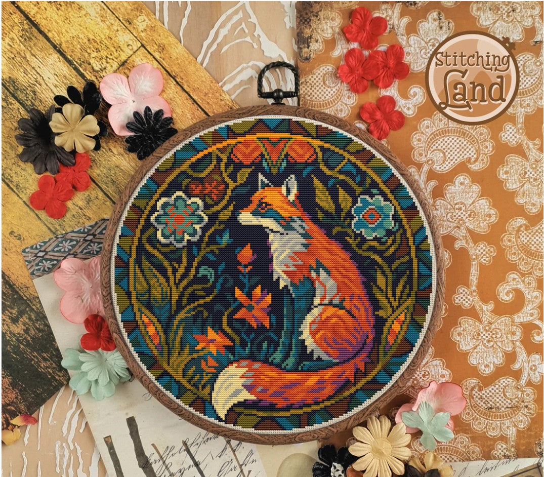 Stamped cross stitch design of  a fox design surrounded by colorful flowers on a textured background.