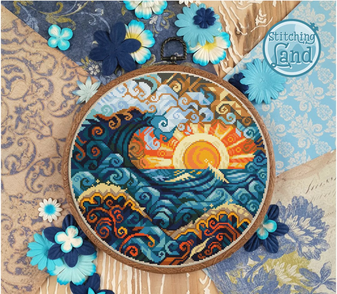 Stamped cross stitch design of a wave design surrounded by decorative flowers and 'Stitching Land' branding.