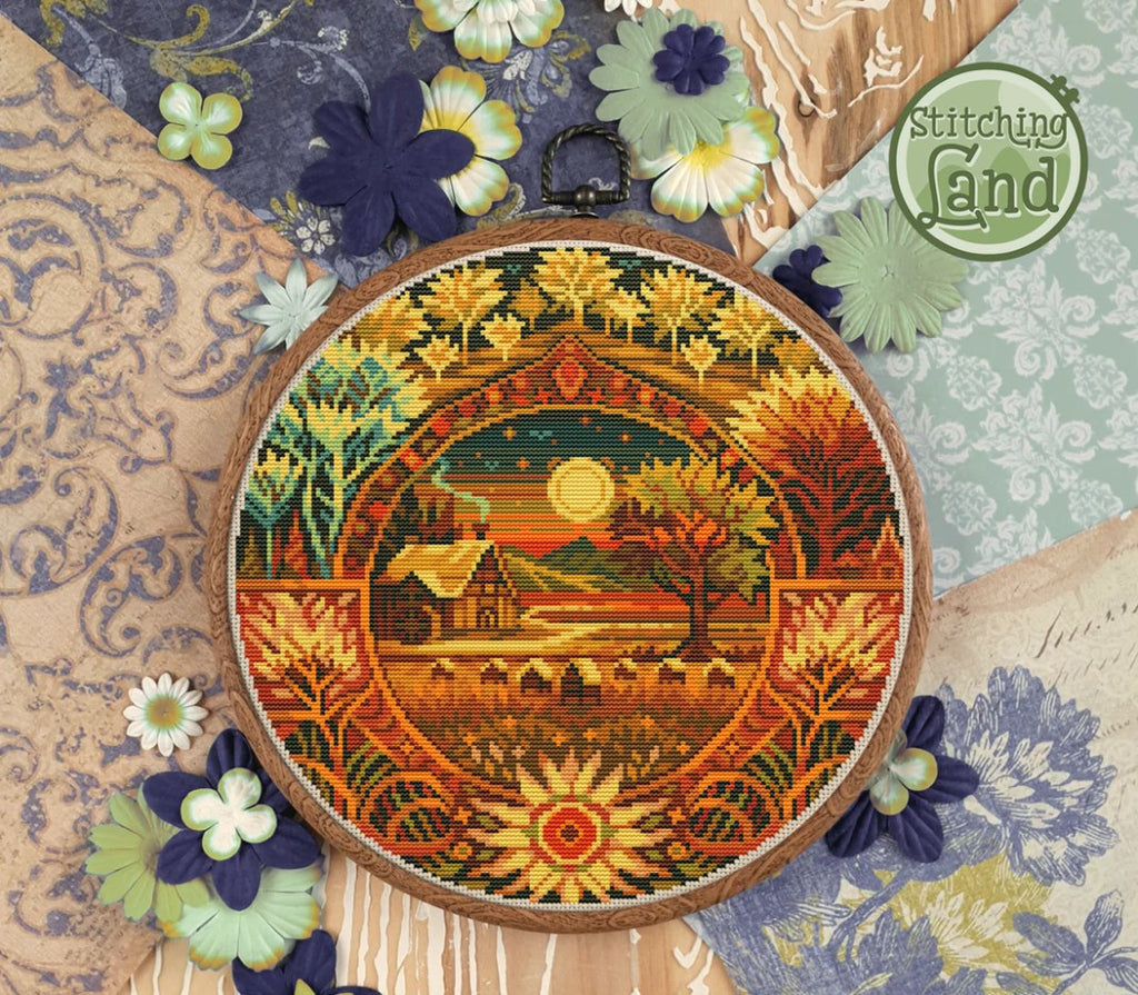 ヨーロッパ式刺繍絵タペストリー: An Autumn Lake Autumn Apiary [Sun-0120] – The Stamped Stitch Club