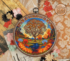 Stamped cross stitch design of  a colorful landscape design on a decorative background with flowers and lace.