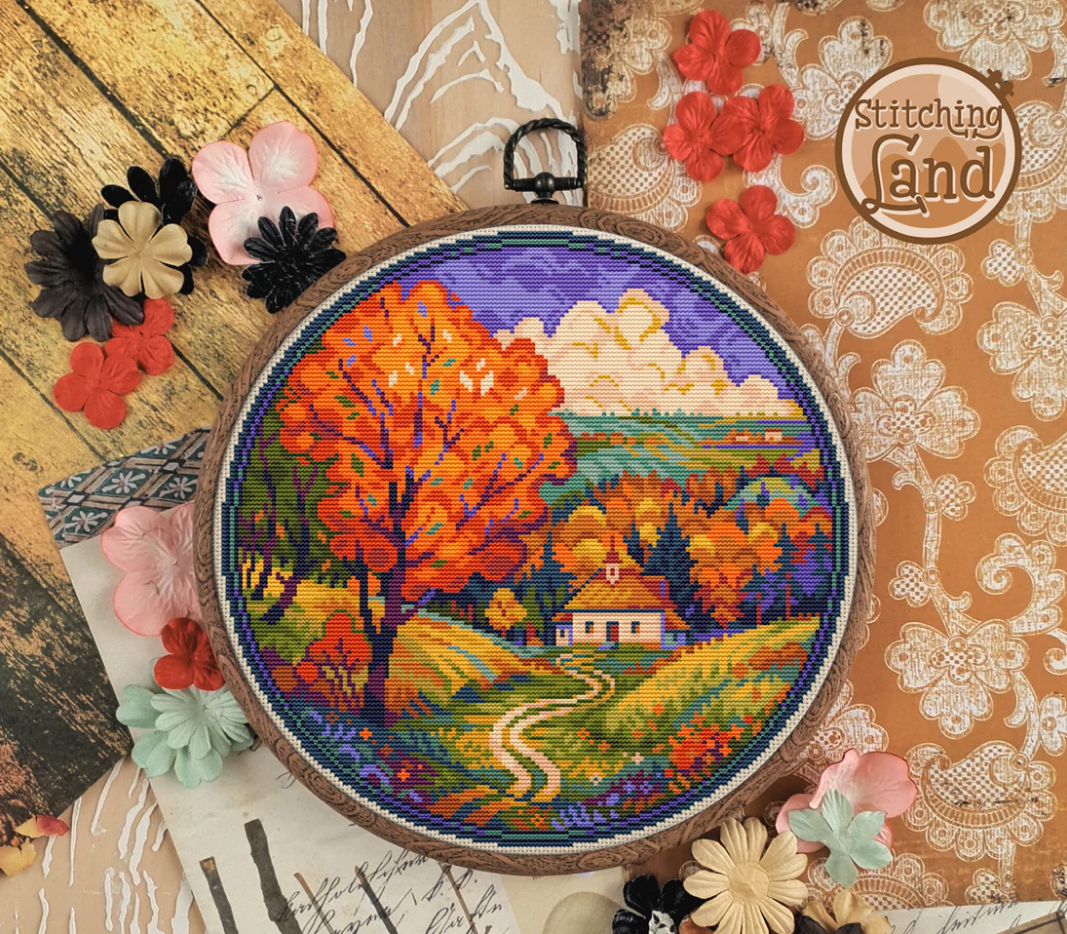Stamped cross stitch mockup of a  landscape with trees and house in an embroidery hoop, surrounded by decorative flowers on a textured background.