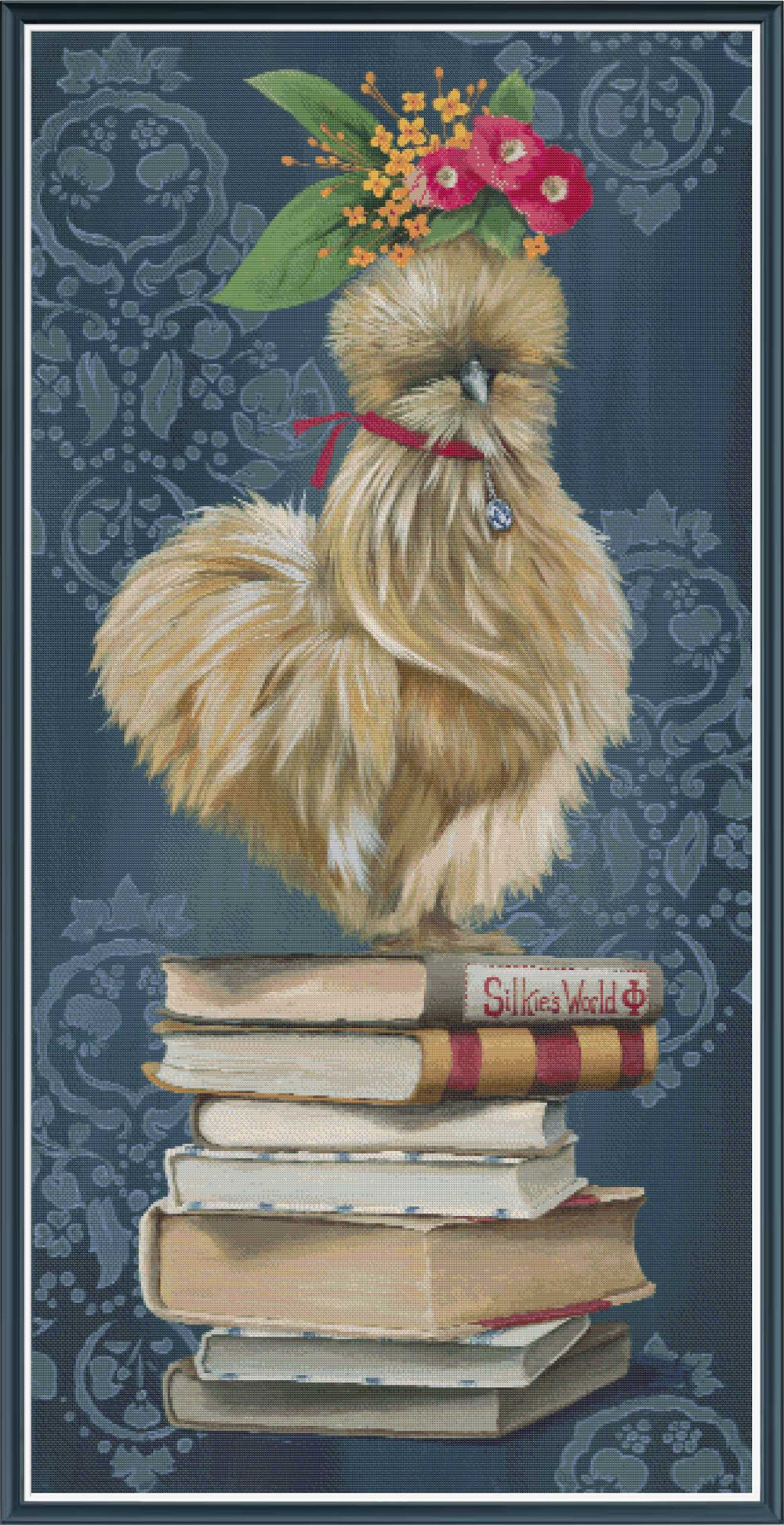Illustration of a rooster on books with flowers on its head against a decorative blue background