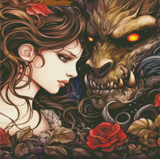 Illustration of a woman facing a beast with glowing eyes, surrounded by roses and foliage
