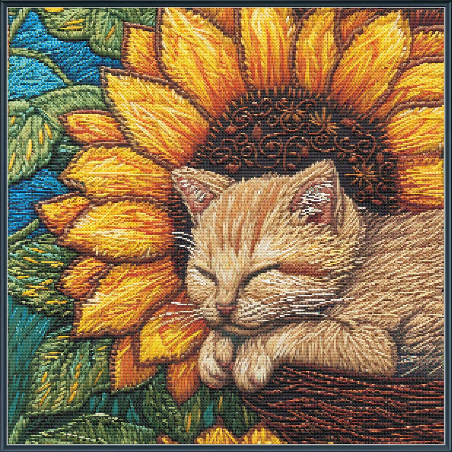 Sleeping Cat in Sunflowers