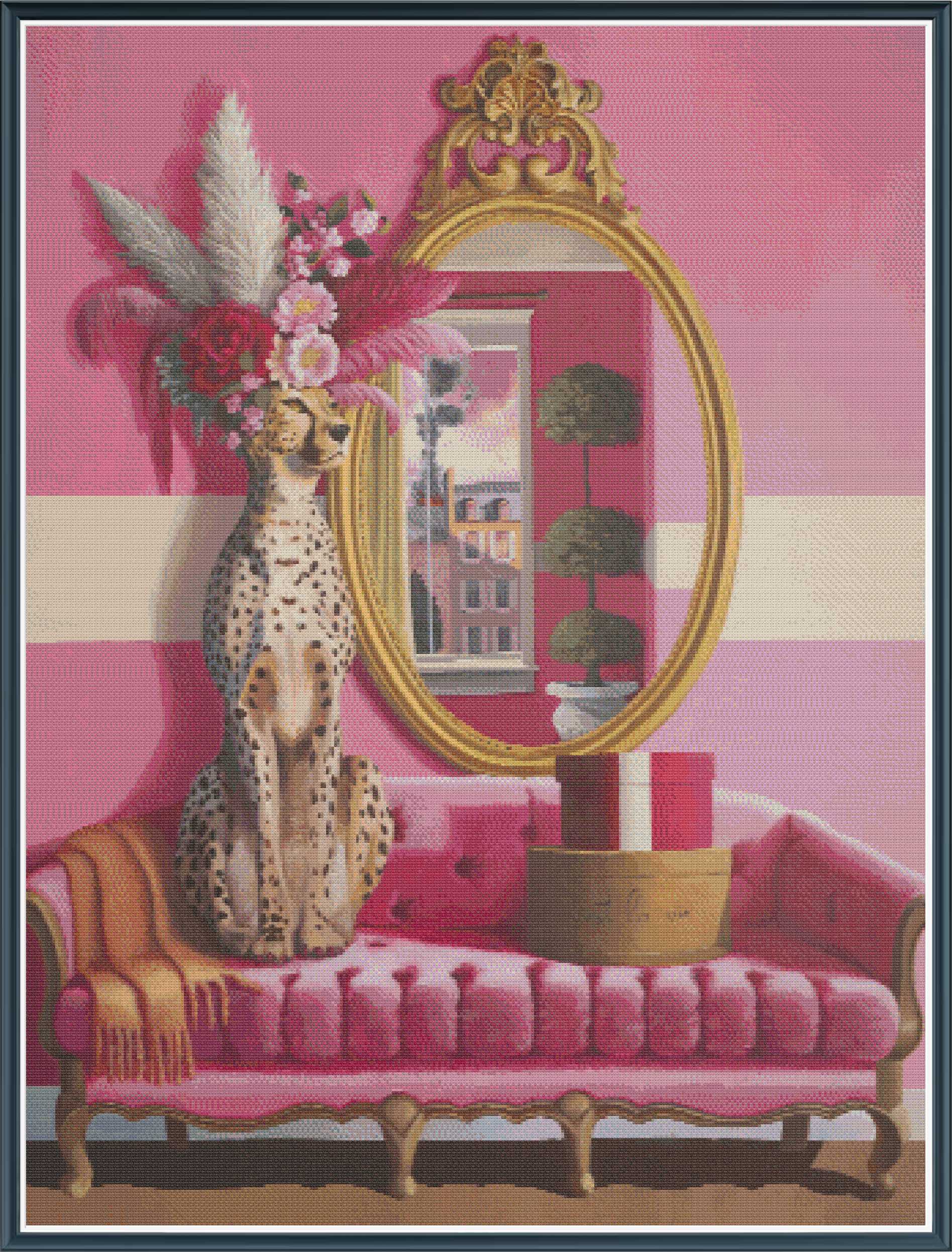 Decorative scene with a cheetah statue, mirror, and pink sofa on a pink background