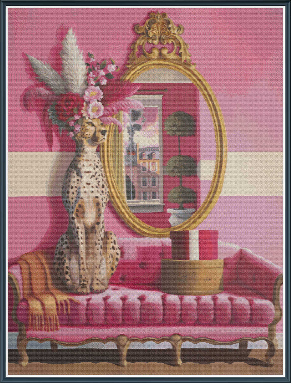 Decorative scene with a cheetah statue, mirror, and pink sofa on a pink background