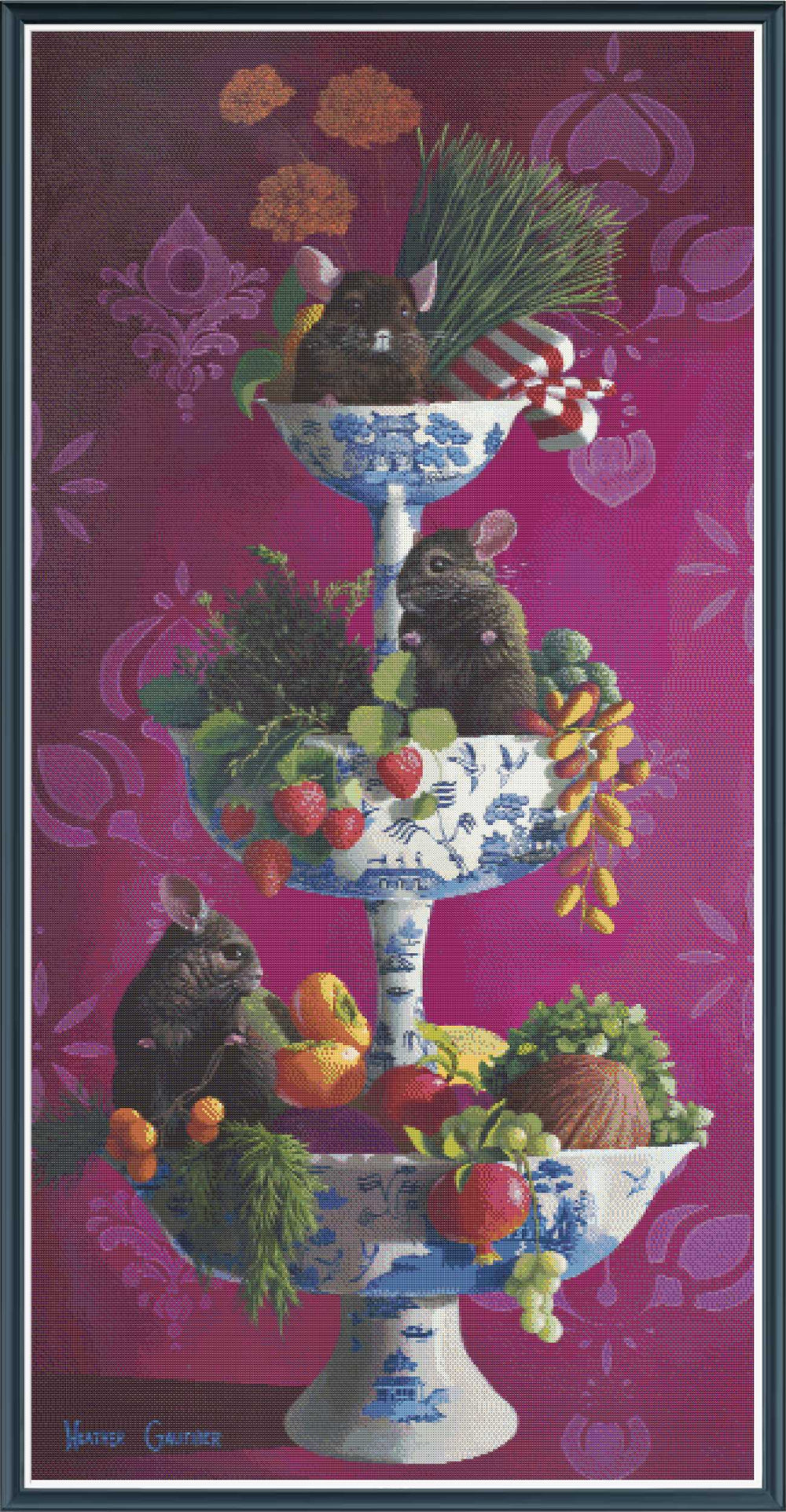 Three chinchillas on a three-tiered fruit and vegetable stand with a decorative background