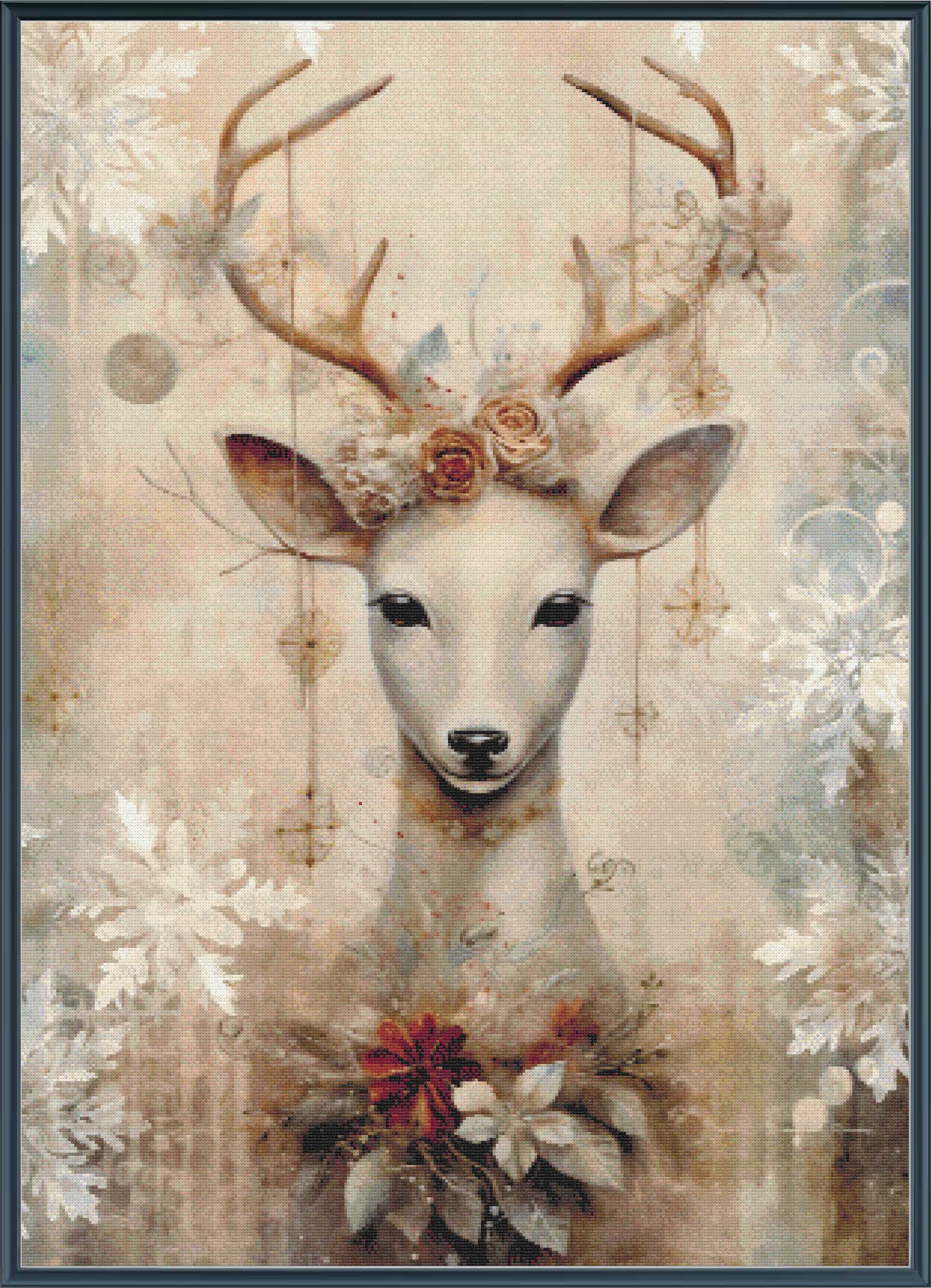 Decorative painting of a deer with floral headpiece and flowers around its neck on a textured background.