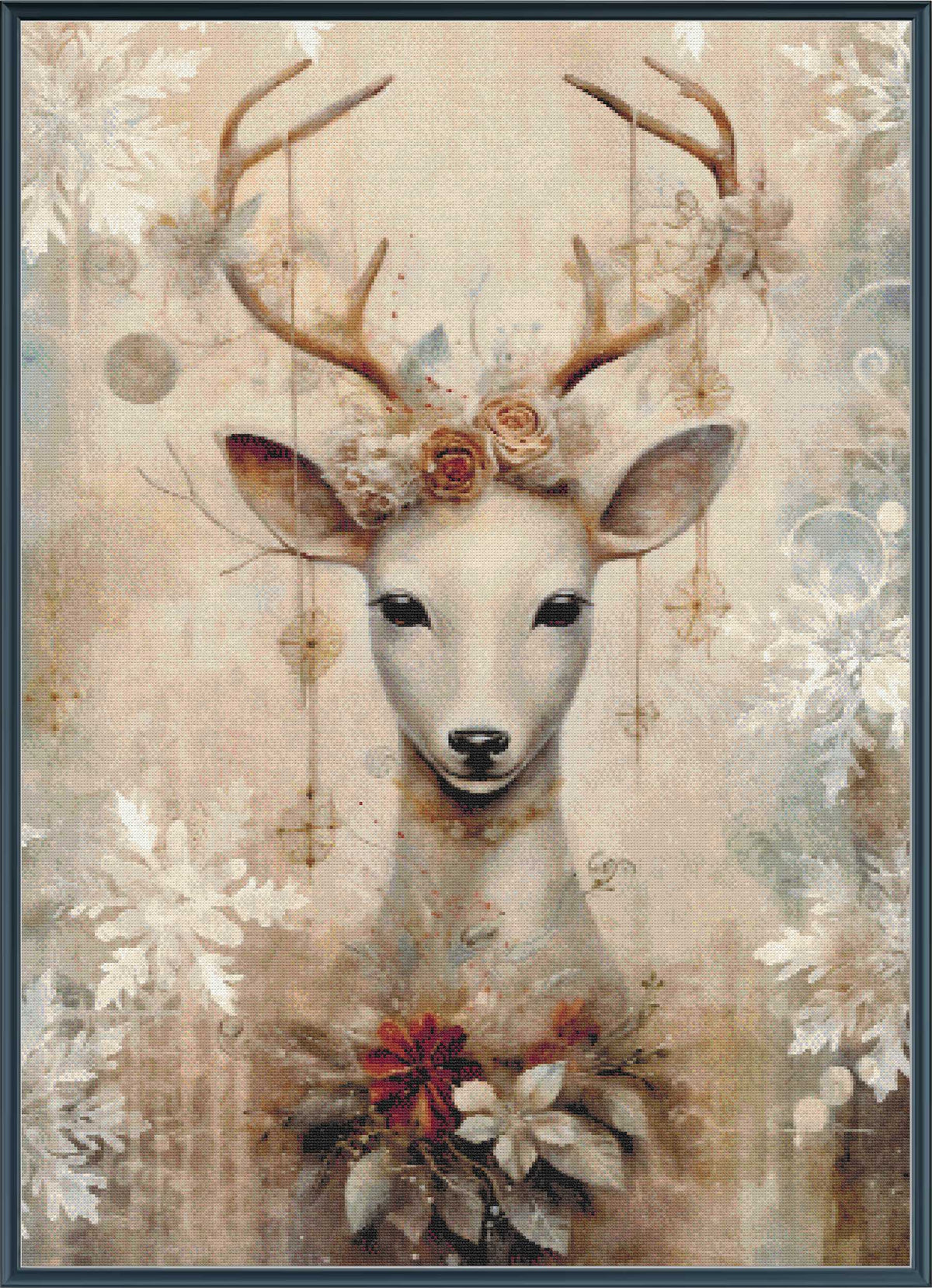 Decorative painting of a deer with floral headpiece and flowers around its neck on a textured background.