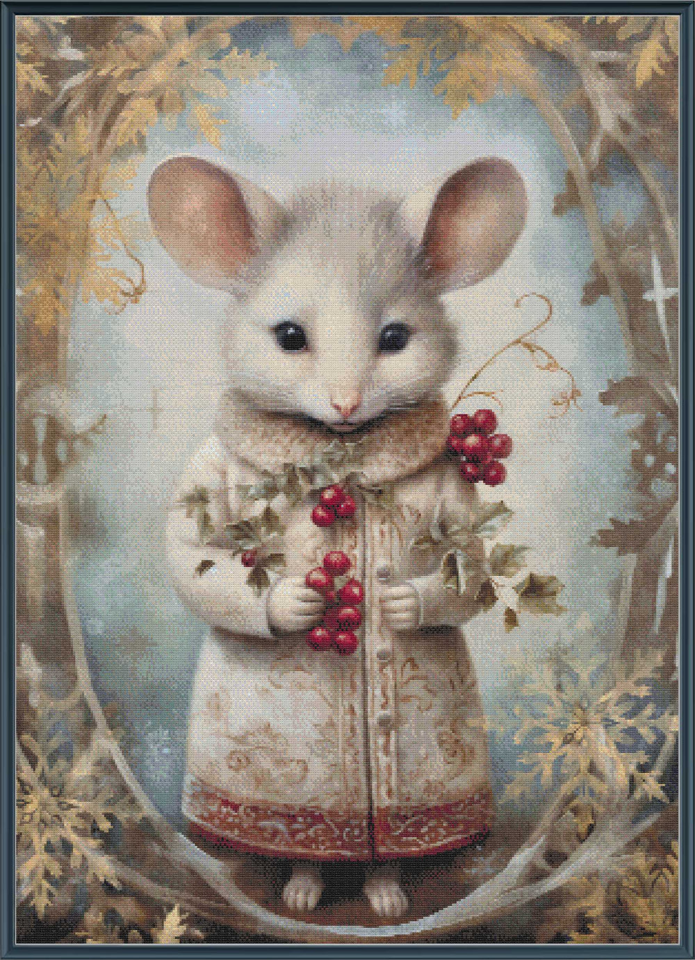 Illustration of a mouse in a decorative outfit holding berries against a floral background