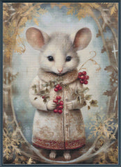 Illustration of a mouse in a decorative outfit holding berries against a floral background