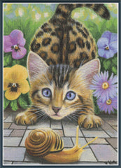 Painting of a kitten with blue eyes and a snail, surrounded by flowers on a tiled floor.