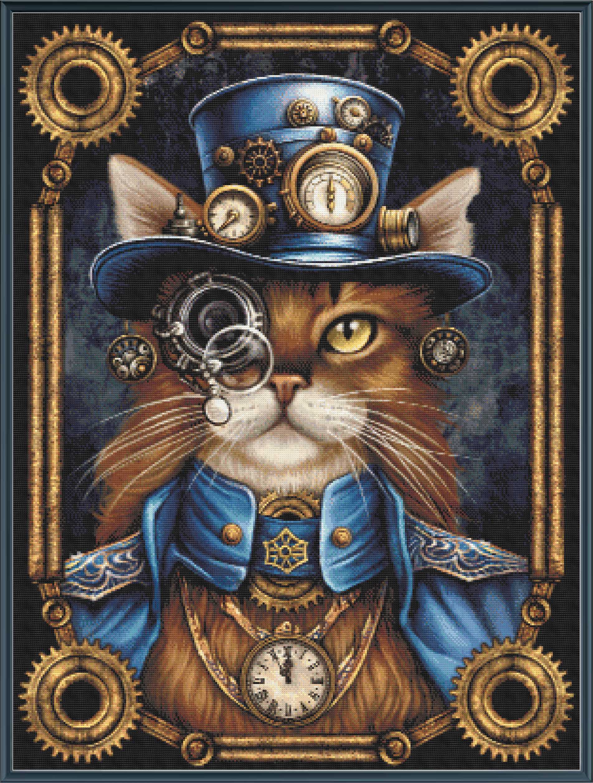 Stamped cross stitch  kit depicting a whimsical image of a cat wearing a steampunk-style hat with gears and clocks.
