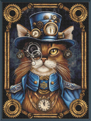 Stamped cross stitch  kit depicting a whimsical image of a cat wearing a steampunk-style hat with gears and clocks.