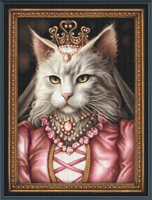 Stamped cross stitch kit depicting a stylized cat character dressed in a pink royal attire with a crown, framed in a golden frame.