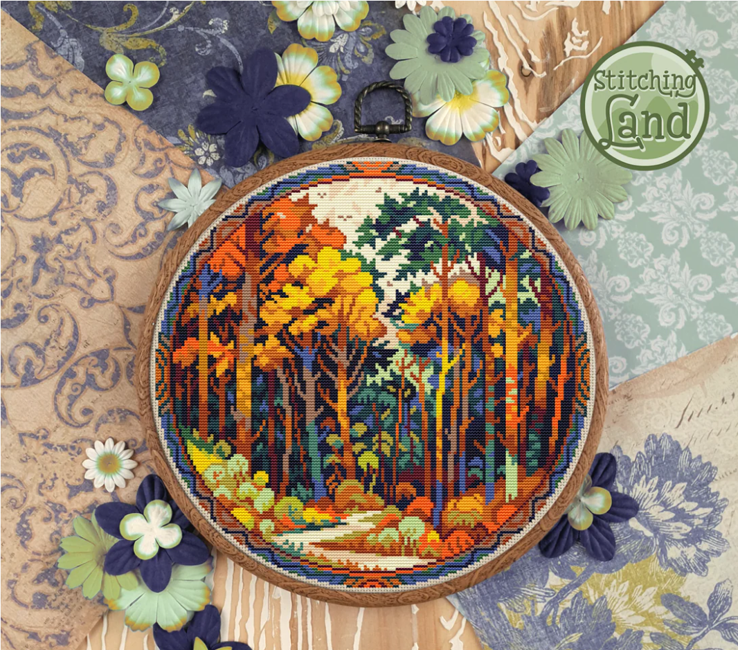 Stamped cross stitch mockup of a Embroidery hoop with a colorful forest design on a decorative background with flowers.