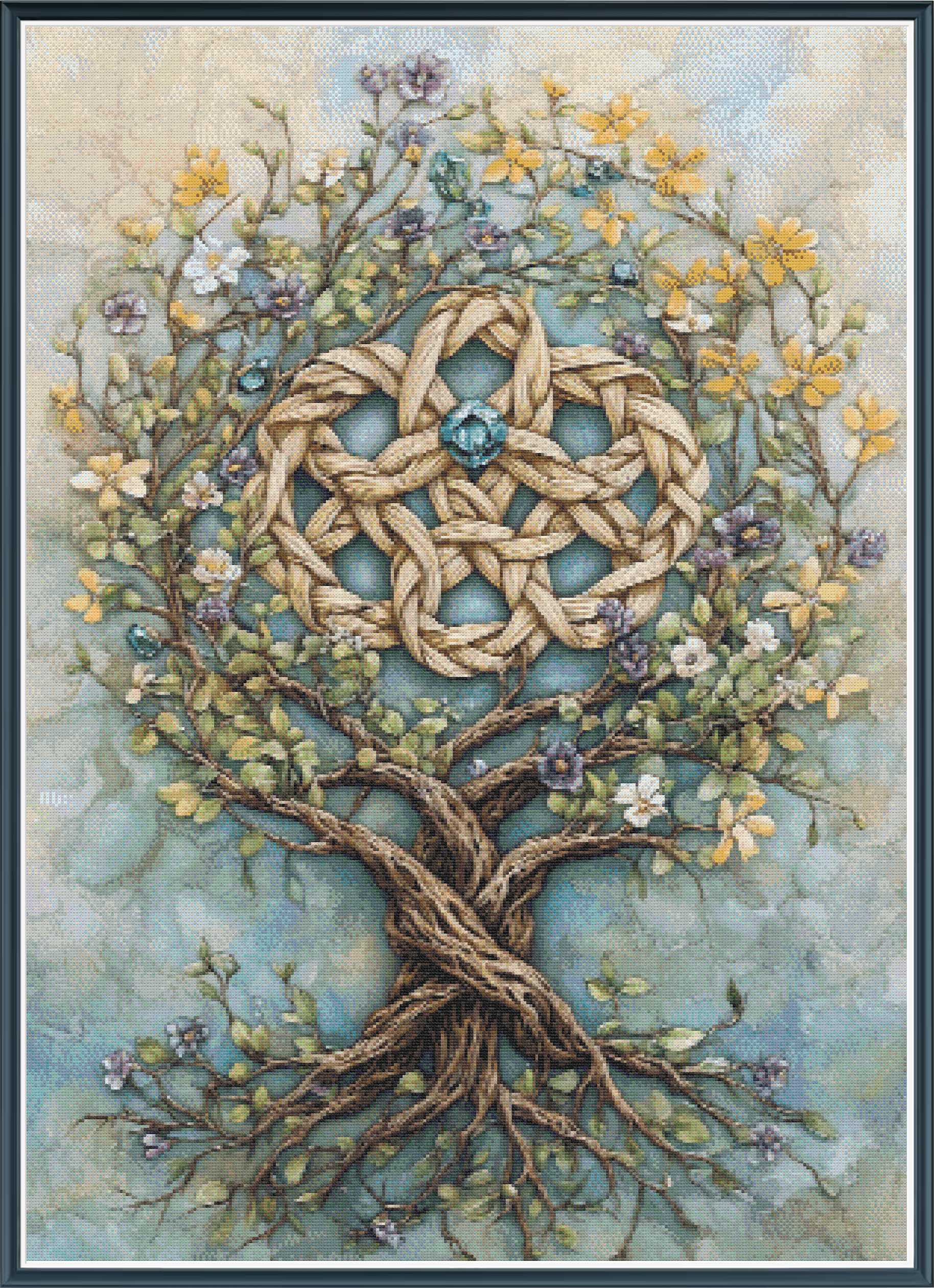 Stamped cross stitch mockup of a  tree with braided trunk and intertwined branches, surrounded by flowers on a textured background.