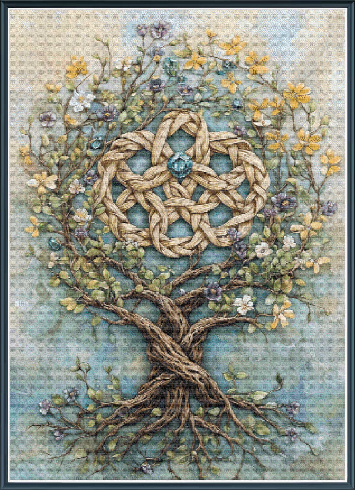Stamped cross stitch mockup of a  tree with braided trunk and intertwined branches, surrounded by flowers on a textured background.