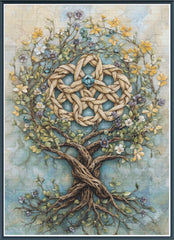 Stamped cross stitch mockup of a  tree with braided trunk and intertwined branches, surrounded by flowers on a textured background.