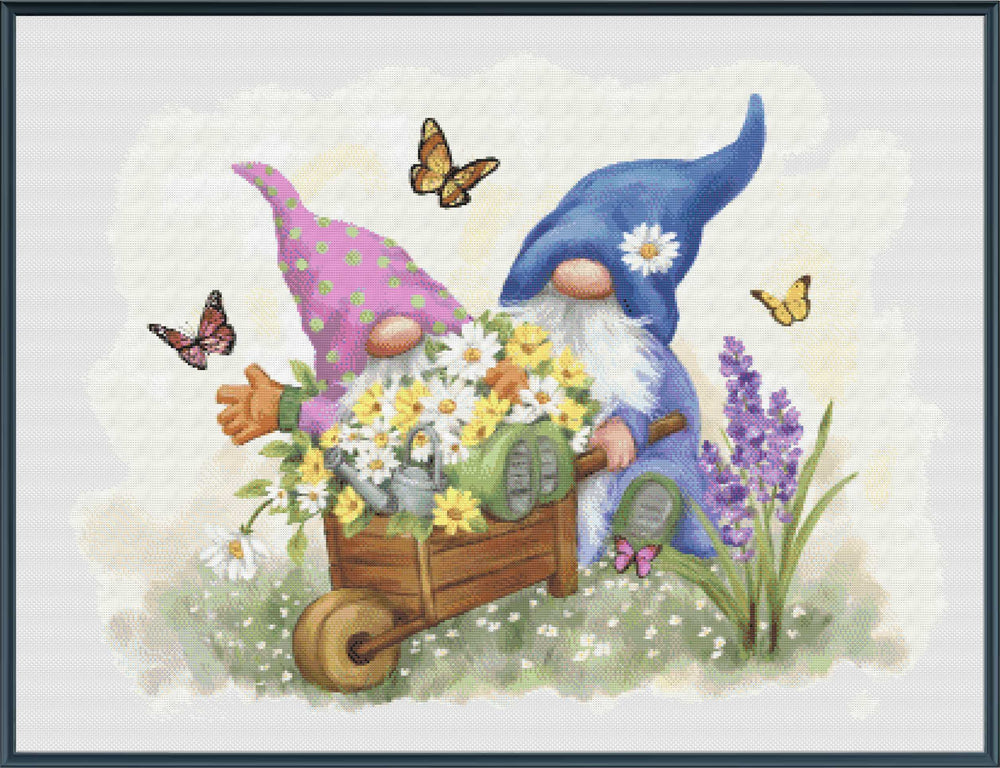 Two gnomes with a cart full of flowers and butterflies on a light background