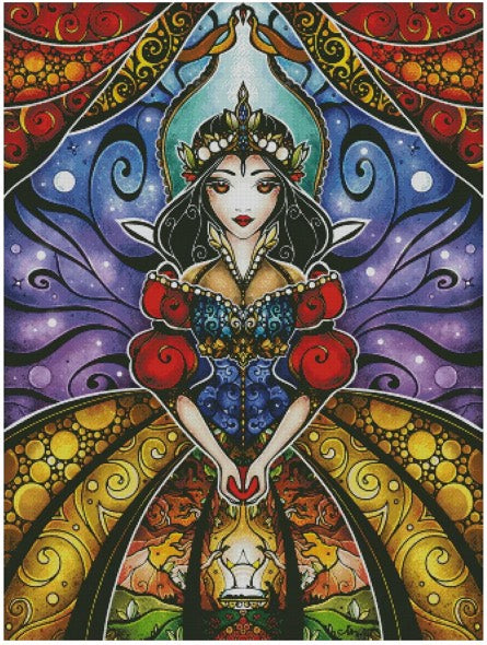 A brightly coloured stained glass effect stamped cross-stitch kit depicting a whimsical female character with a crown and floral elements.
