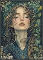 Artistic depiction of a woman's face with flowing hair and leaves, featuring intricate details.