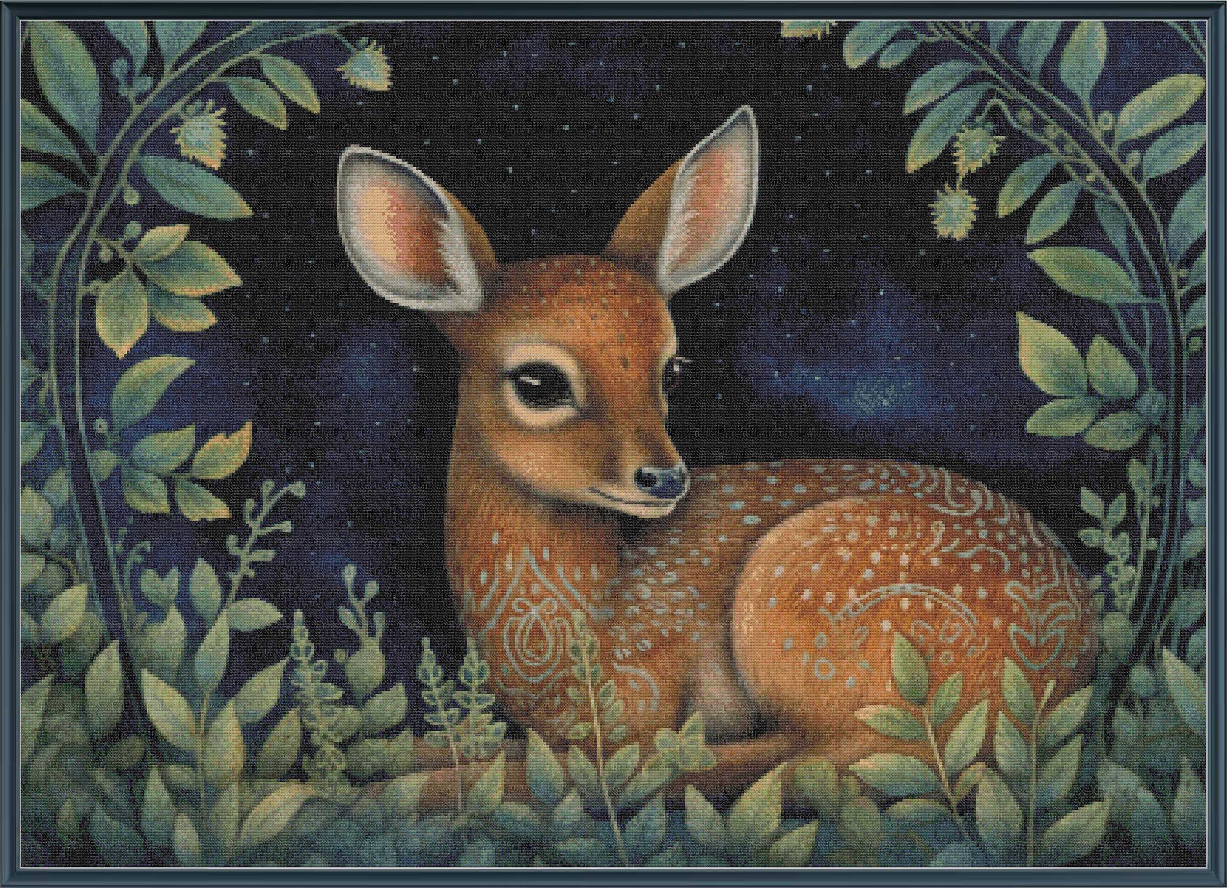 Stamped cross stitch  of a Fawn surrounded by foliage and leaves against a dark background