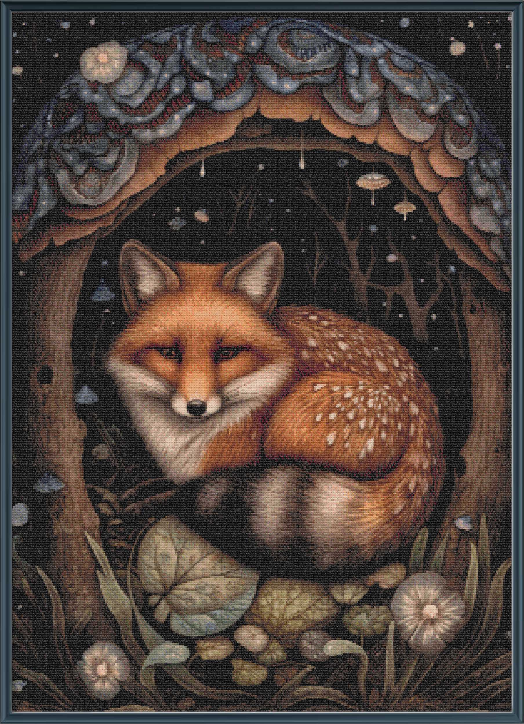 Stamped cross stitch  of a fox in a natural setting with trees and flowers.