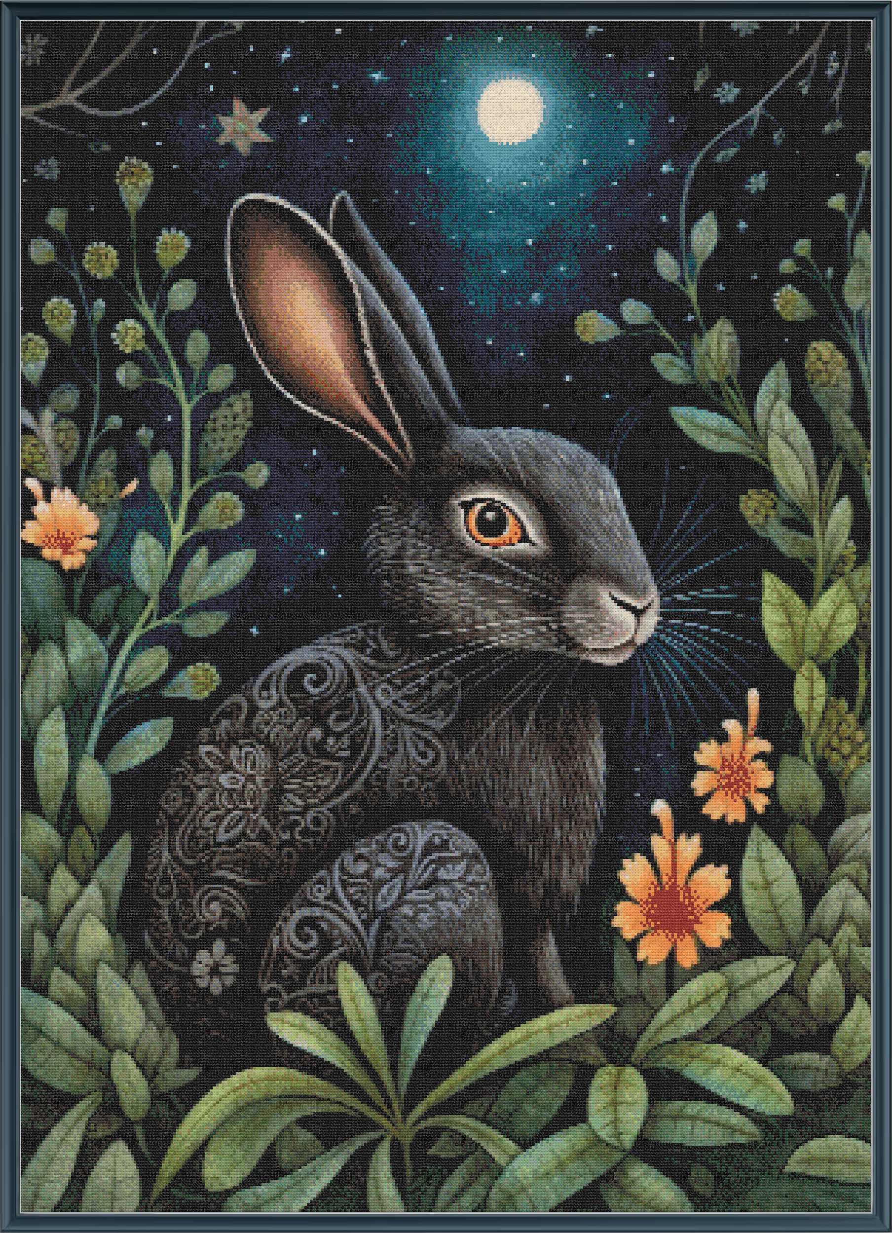 Stamped cross stitch  of a rabbit with intricate patterns in a night-time forest setting.
