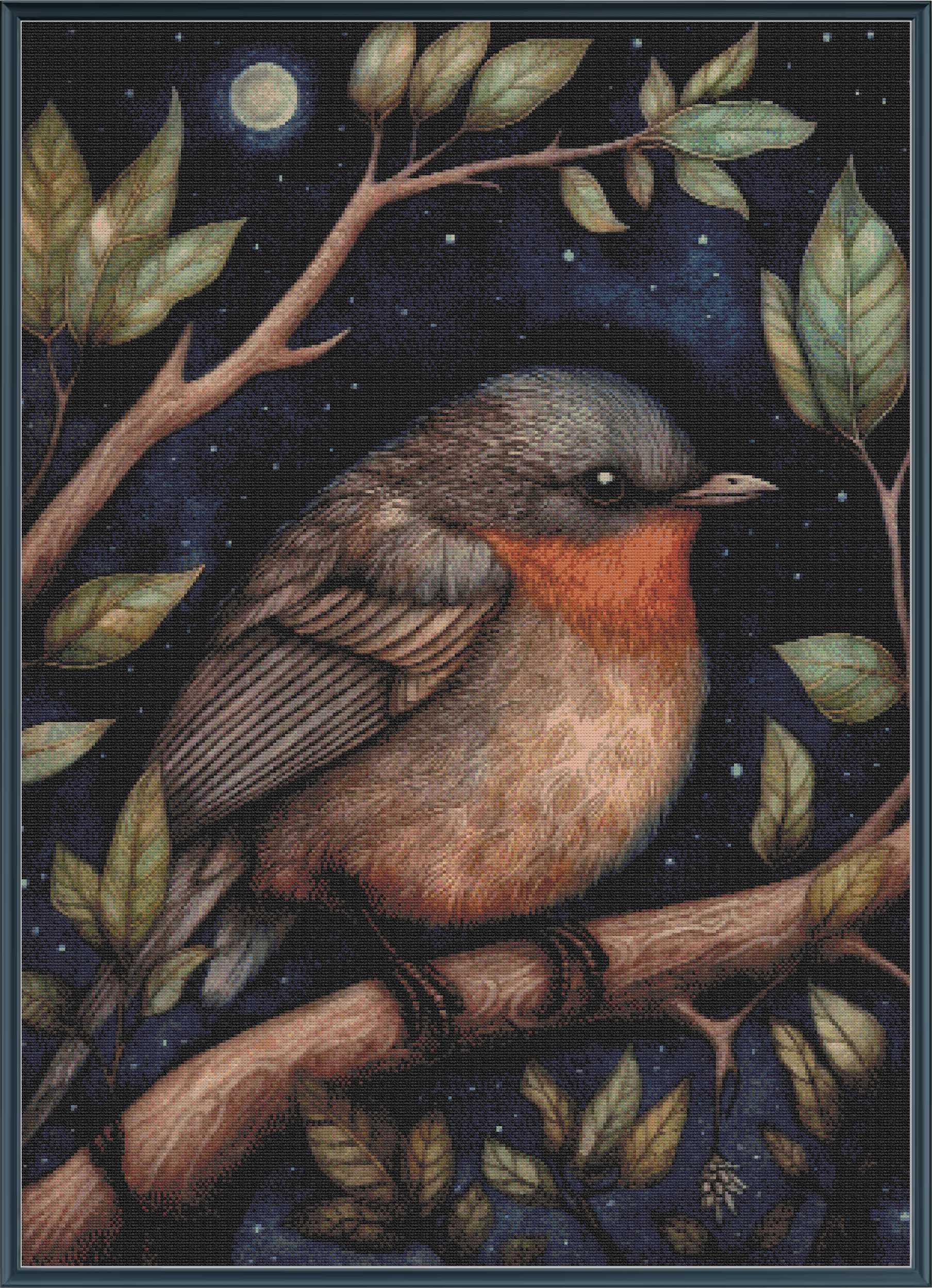 Stamped cross stitch  of a bird perched on a branch with leaves and a night sky background