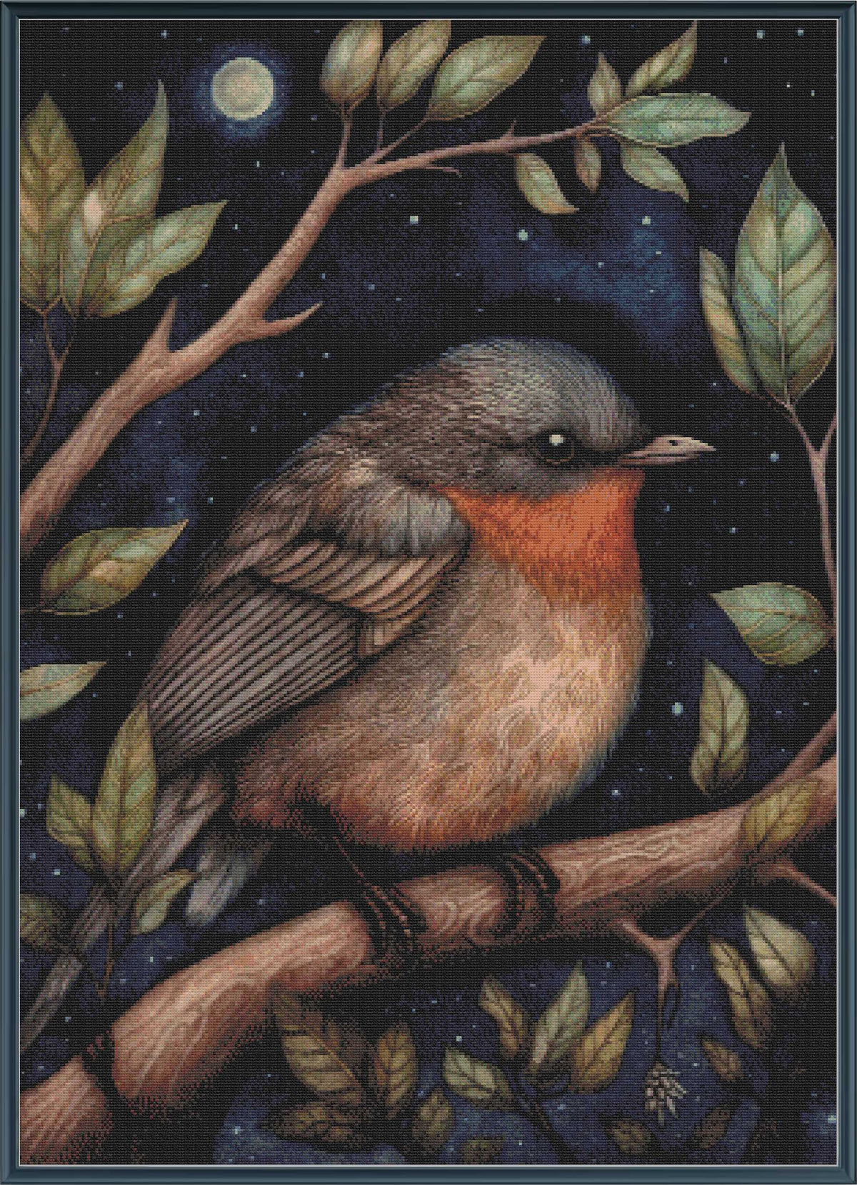 Stamped cross stitch  of a bird perched on a branch with leaves and a night sky background