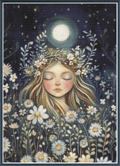 Stamped cross stitch mockup showing a licensed images of a  woman with flowers and a moonlit sky