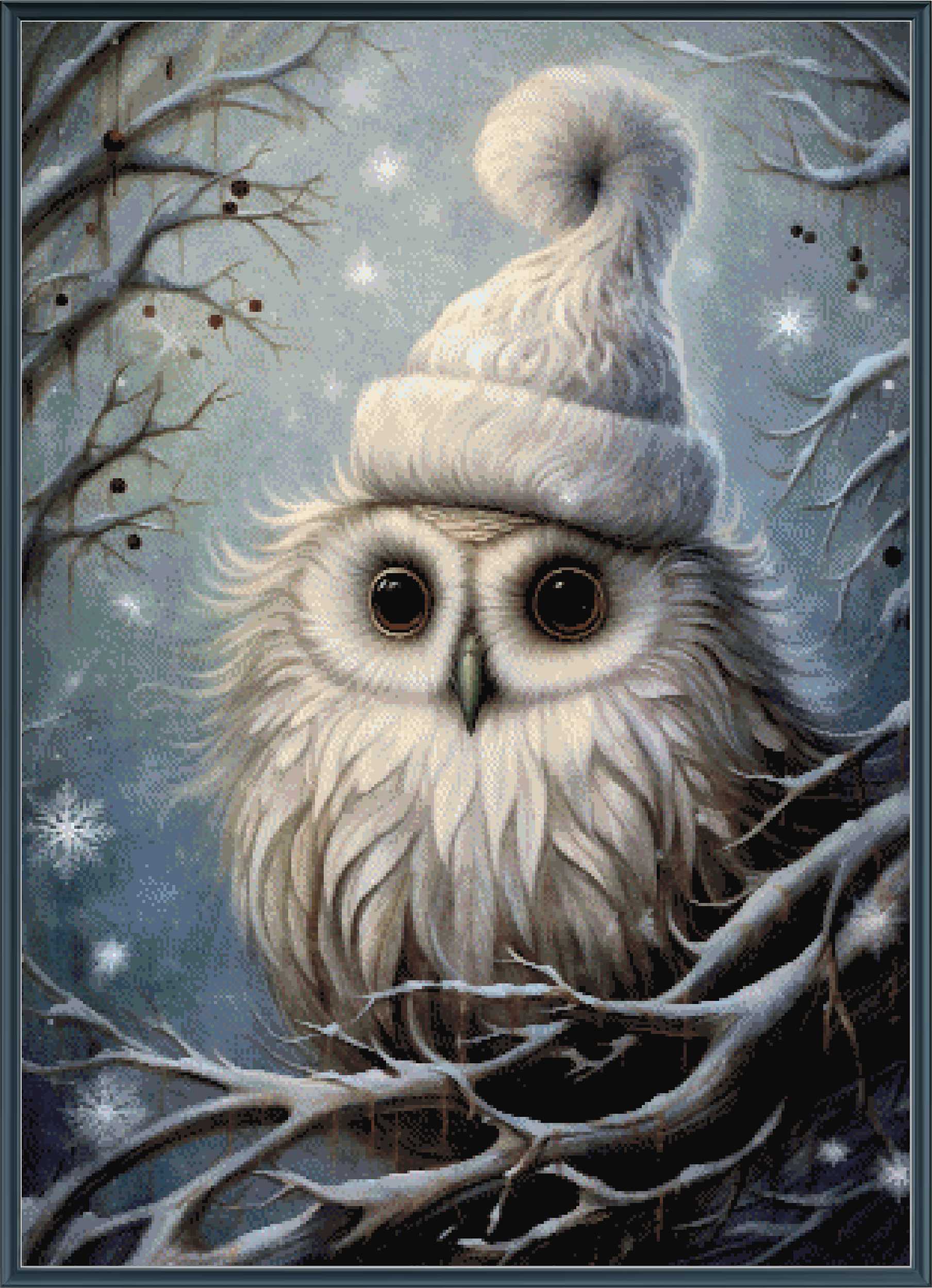 Owl wearing a white winter hat in a snowy scene