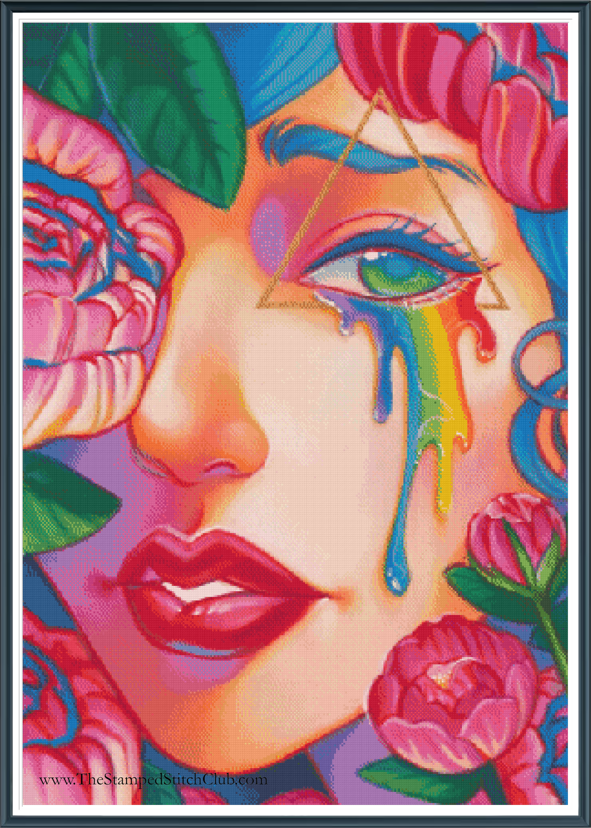 Vibrant cross stiitch mock up featuring a stylized close-up portrait of a woman's face surrounded by pink flowers and green leaves, with rainbow tears and geometric line details.
