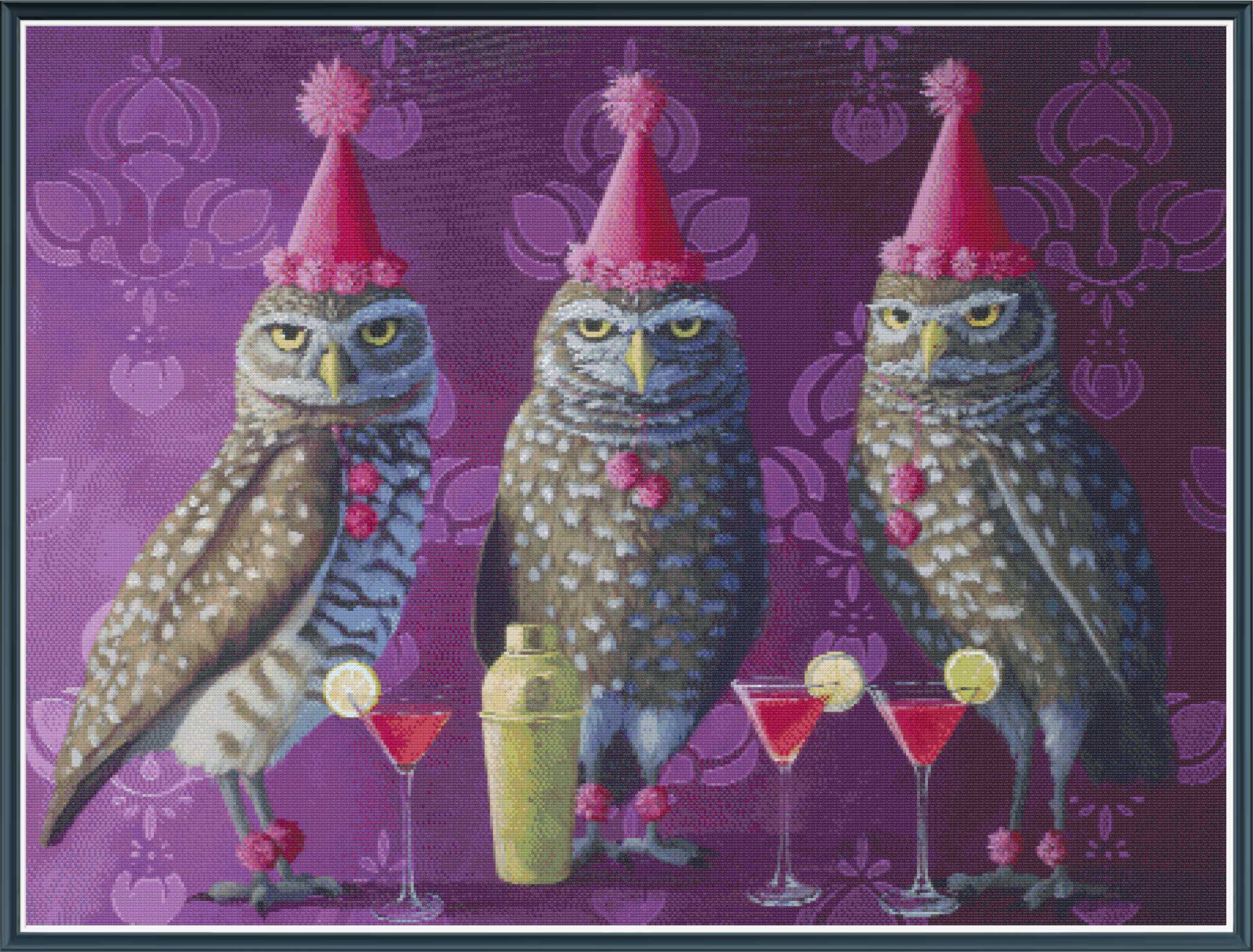 Three owls in party hats with drinks on a purple background