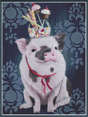 Painting of a pig with a colorful cupcake hat on a decorative blue background