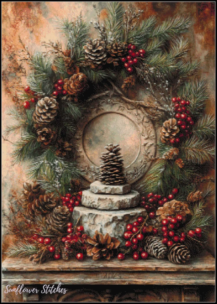 Decorative wreath with pinecones, berries, and a stone circle on a textured background.