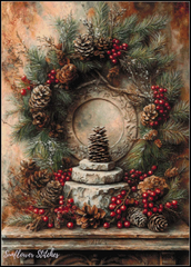 Decorative wreath with pinecones, berries, and a stone circle on a textured background.