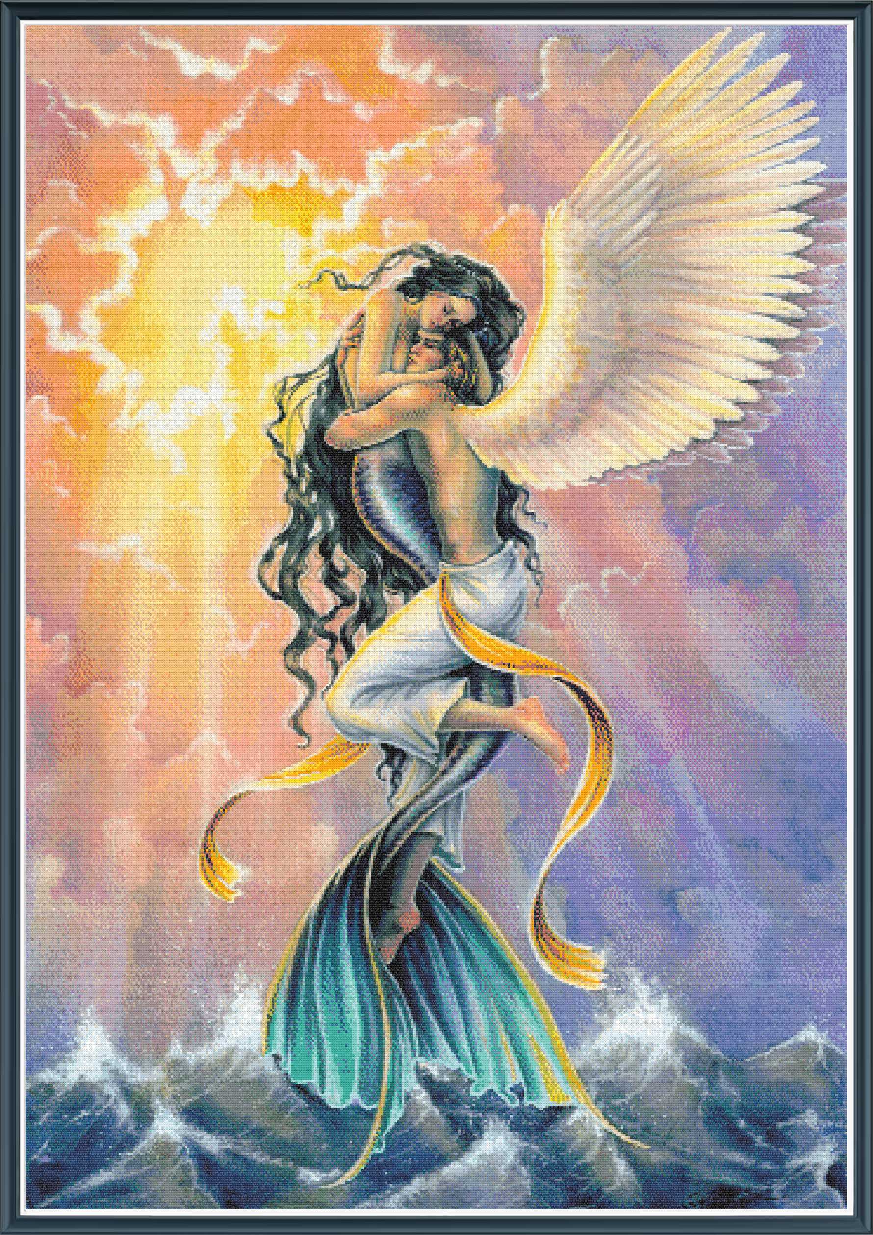 Mock up of a stamped cross stitch kit showing licensed artwork of a Mermaid  embracing a human figure with angel wings against a colorful sky.