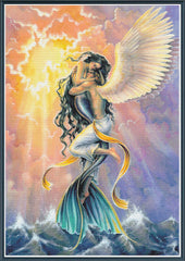 Mock up of a stamped cross stitch kit showing licensed artwork of a Mermaid  embracing a human figure with angel wings against a colorful sky.