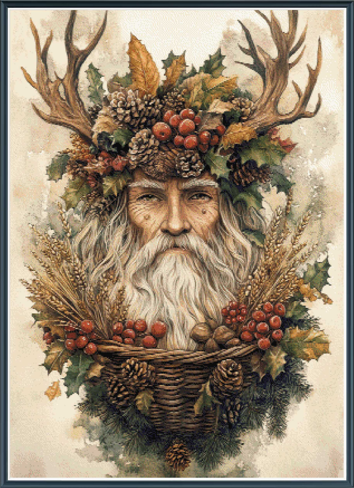 Stamped cross stitch design of  a bearded figure with antlers and nature elements on a textured background