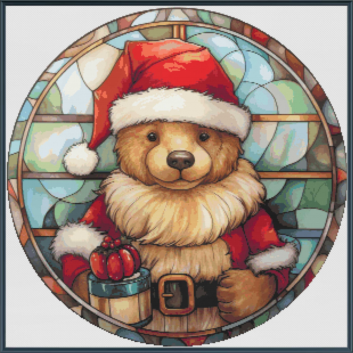 Stylized bear in a Santa outfit with a stained glass window background