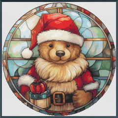 Stylized bear in a Santa outfit with a stained glass window background