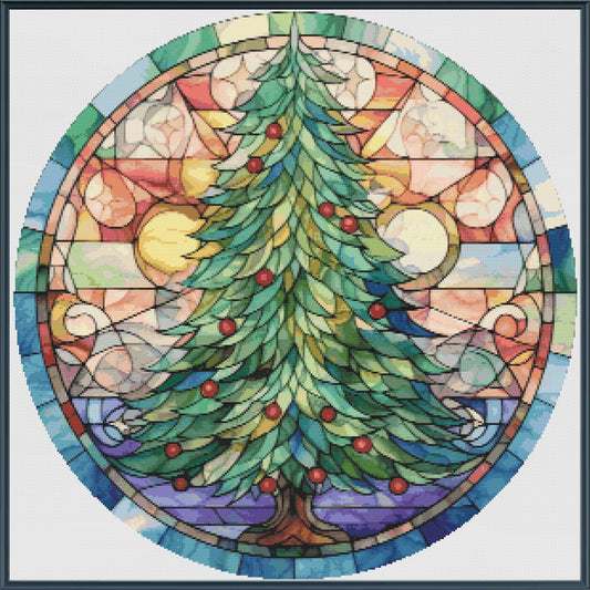 Colorful stained glass-style Christmas tree design on a circular background