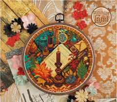 Stamped cross stitch design of  a colorful stitched design on a decorative background with flowers and lace.